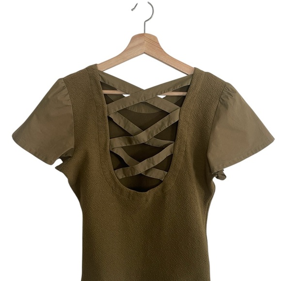 Anthropologie Women's Army Green Puff Sleeve Criss Cross Back Size M Boho Ballet - Picture 3 of 8